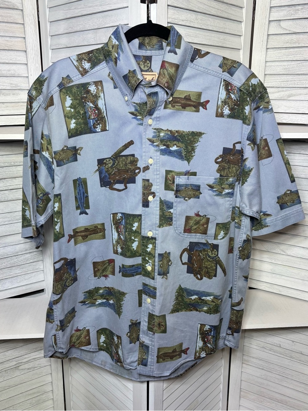 90s Woolrich fishing print button-up shirt, size M